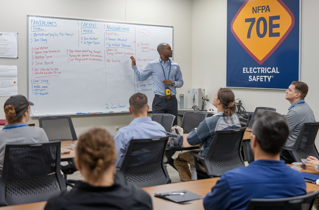 A professional trainer instructing employees on electrical safety, emphasizing the importance of train the trainer programs for workplace hazard prevention and NFPA 70E compliance.